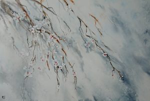 hors de portée, peinture japonaise, techniques mixtes sur feuille washi, 100x70, fleurs de cerisiers, sakuras